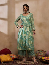 Box Pleat Flare Kurta With Palazzo In Sea Green Color